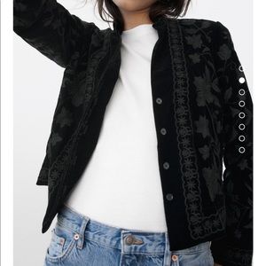 Zara embroidery velvet jacket bloggers fav